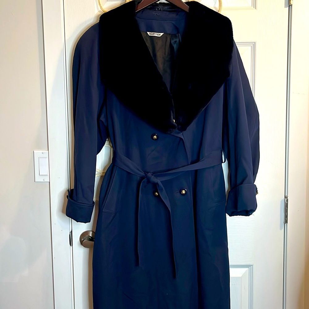 Vintage Xception wool trench women’s 13 14 navy detaching faux fur collar flaw